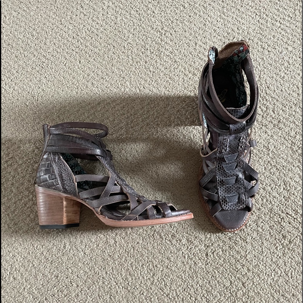 Freebird women’s brown leather open-toed bootie